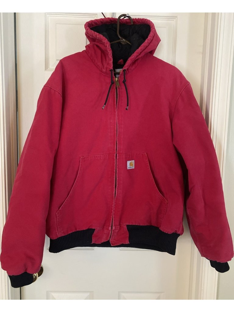 Vtg Carhartt Y2k Unisex Red Hooded Zip-Up Work Farm Jacket Large Usa Made
